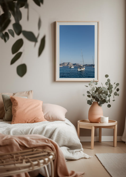 Sailing boats anchored in the Greek Islands available as Sailing fine art wall prints for your home or space.
