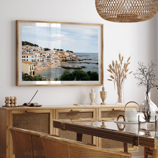Spain fine art print wall mock up featuring Calella de Palafrugell on the Spanish Costa Brava available as fine art prints for your home. Spanish Coast wall art.