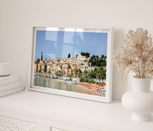 French Riviera fine art print mock up featuring the colourful facade of Menton. French wall art prints.