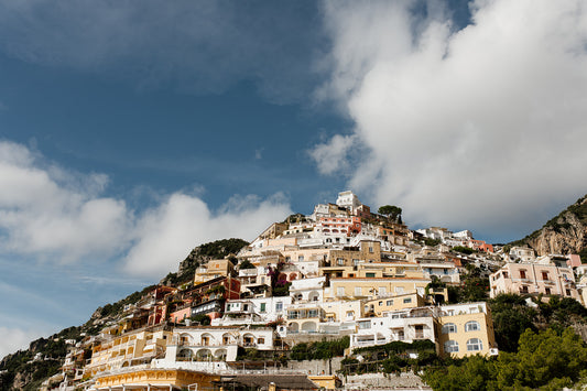 Hillside terraced hotels and homes on the famous Amalfi Coast town of Positano, available for purchase as Amalfi fine art prints. Amalfi Coast Wall Prints.