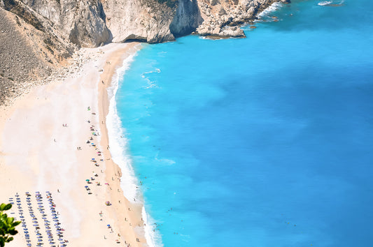 Landscape top down view of famous Myrtos Beach on the island of Kefalonia available as Greece fine art prints.