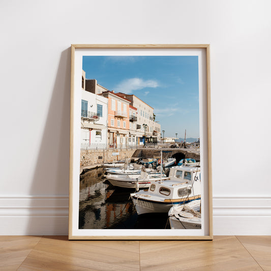 Greek Island fine art prints featuring the quaint boat harbour of Hydra. Purchase quality Greece wall art prints and bring vacation dreaming into your home.