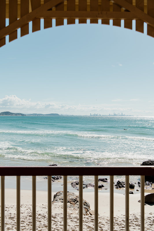 Framed photograph of a beach view with ocean and sky. Australia Coastal Fine Art Photography Prints are custom printed and framed to order on the Gold Coast, Australia. Bring the beach life feeling into your home.