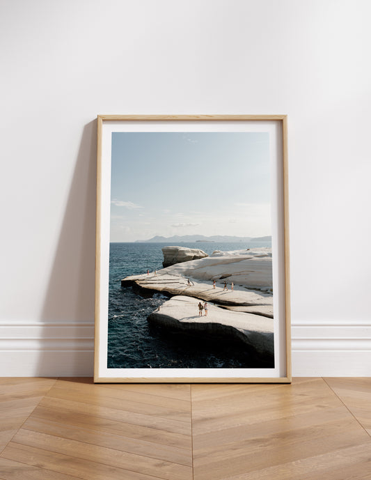 Wood mock up frame of Greece Fine Art Print of Milos Sarakiniko Beach in the morning light available as a Greek Fine Art Print.