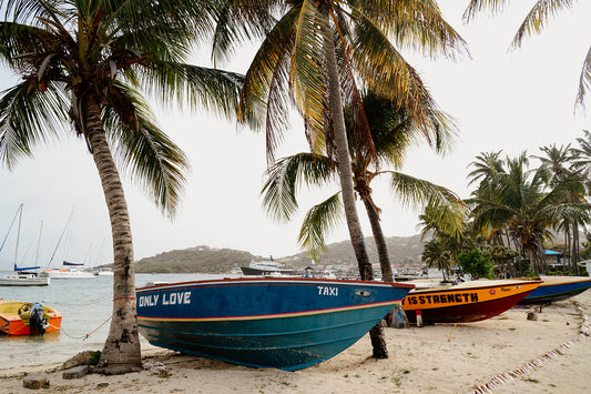 Framed photograph of boats on a beach with palm trees. SHOP Caribbean Wall Art Prints. Bring SAINT VINCENT AND THE GRENADINES, CARIBBEAN island life into your home. Caribbean Photographic Wall Art.