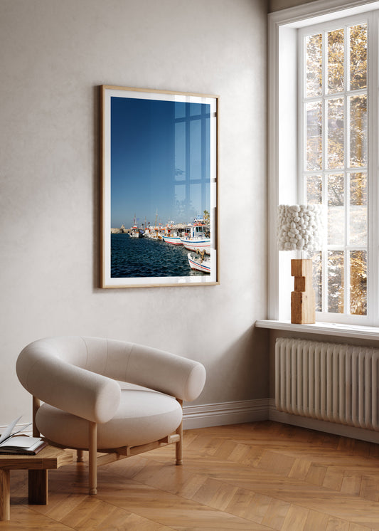 Paros Island Greece Fine Art Prints wall mock up showcases traditional fishing boats in the port.