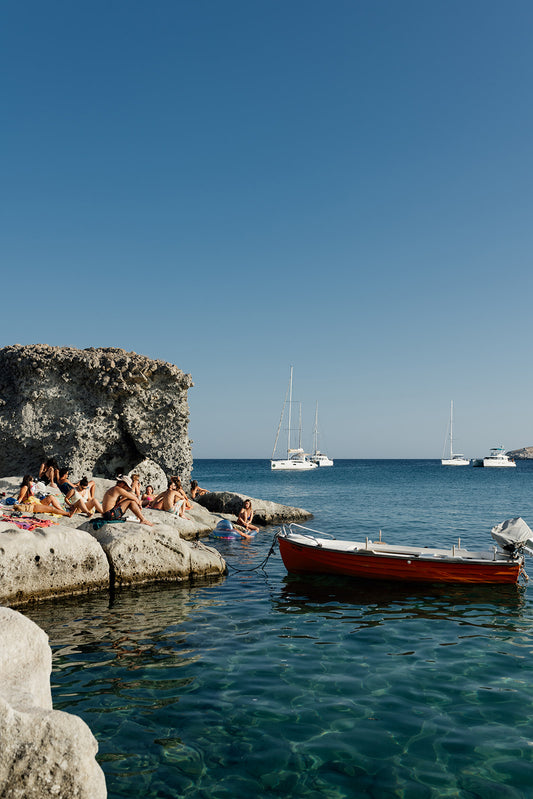 Bring that endless summer social setting into your home with Greek art prints featuring the social rock at Kimolos Island, Greece wall prints.