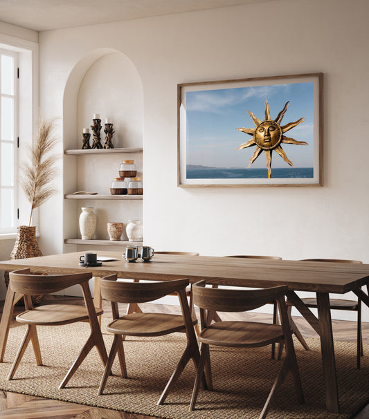 Greece Wall Art Print of Sun God and the Sea at Hydra Island, landscape format available for purchase.