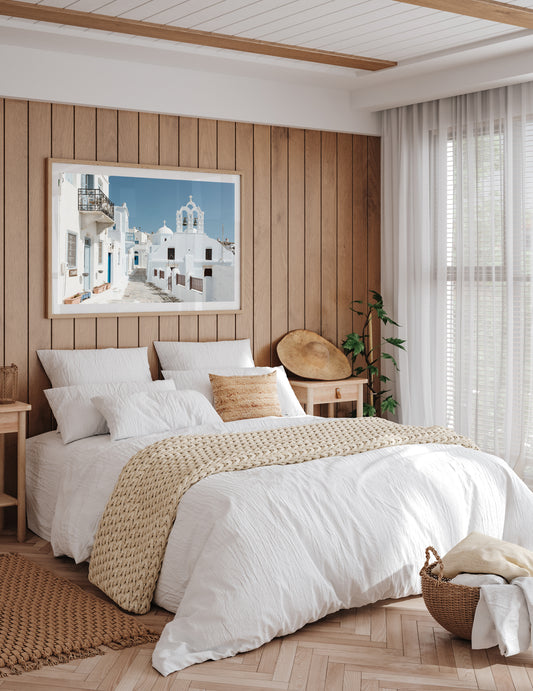 Greece Fine Art Photography Prints for Old Chora at Amorgos Island with wall mock up.  Greek wall art.