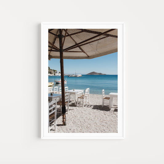 Greece fine art prints featuring a simple Greek taverna in the sunshine on the Greek Island of Leros. 