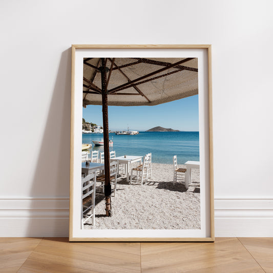 Greece fine art prints featuring a simple Greek taverna in the sunshine on the Greek Island of Leros. 