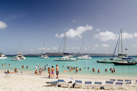 Beach scene with people, boats, and lounge chairs under a blue sky. JOST VAN DYKE, BRITISH VIRGIN ISLANDS, CARIBBEAN British Virgin Islands Wall Art Print Fine art travel prints are custom printed and framed to order.