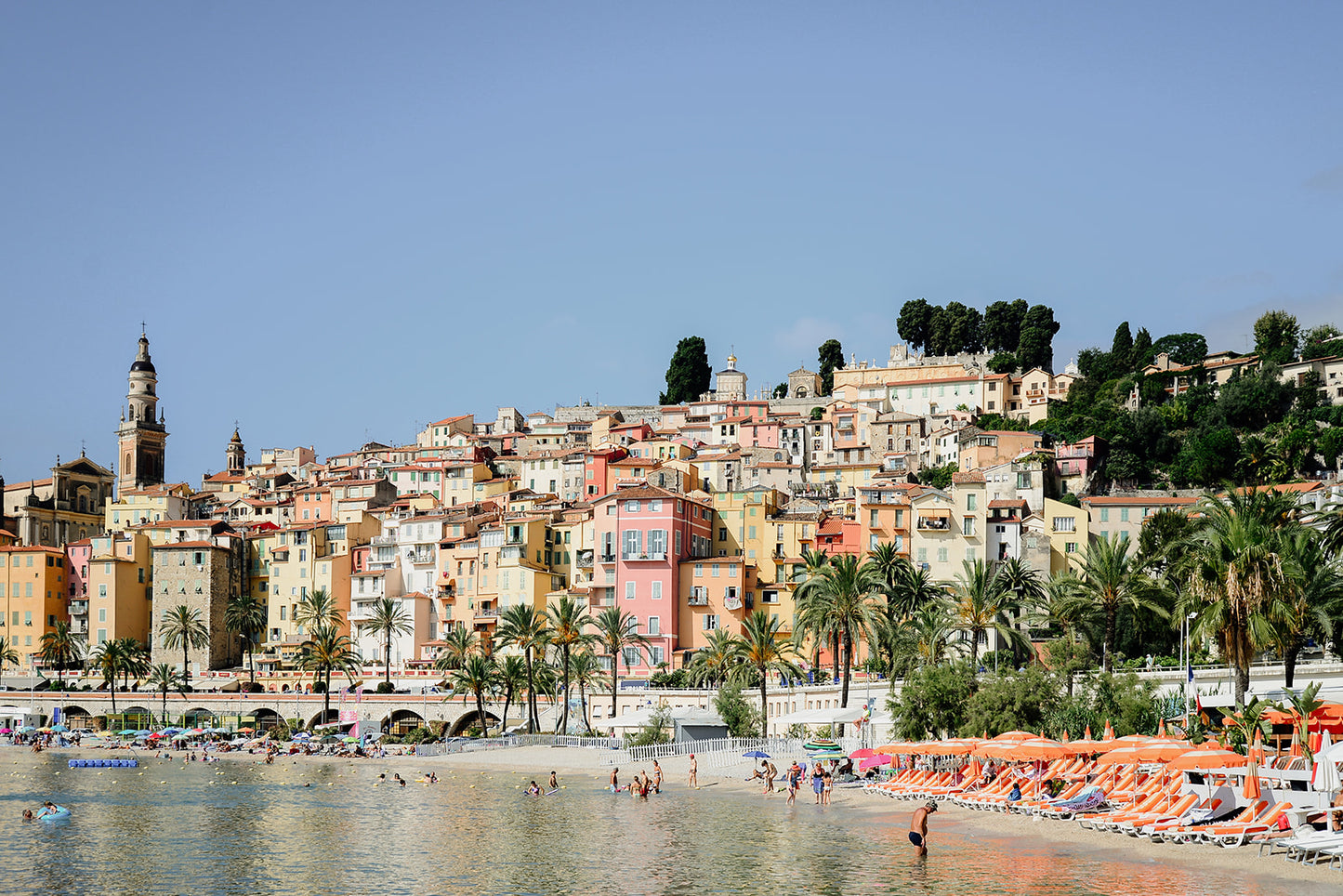 Colourful buildings and ocean at the Mediterranean town of Menton on the French Riviera.