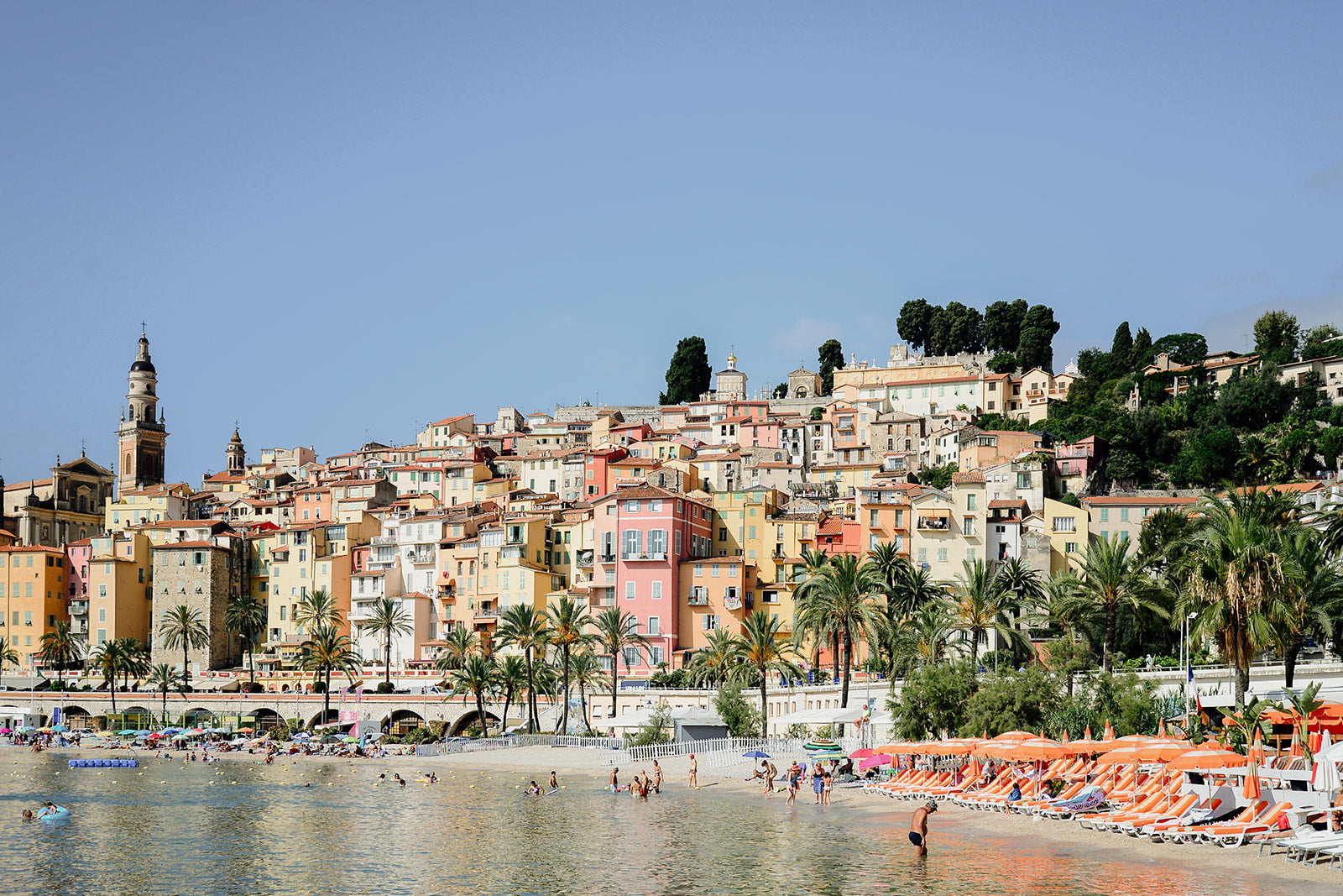 Colourful buildings and ocean at the Mediterranean town of Menton on the French Riviera.