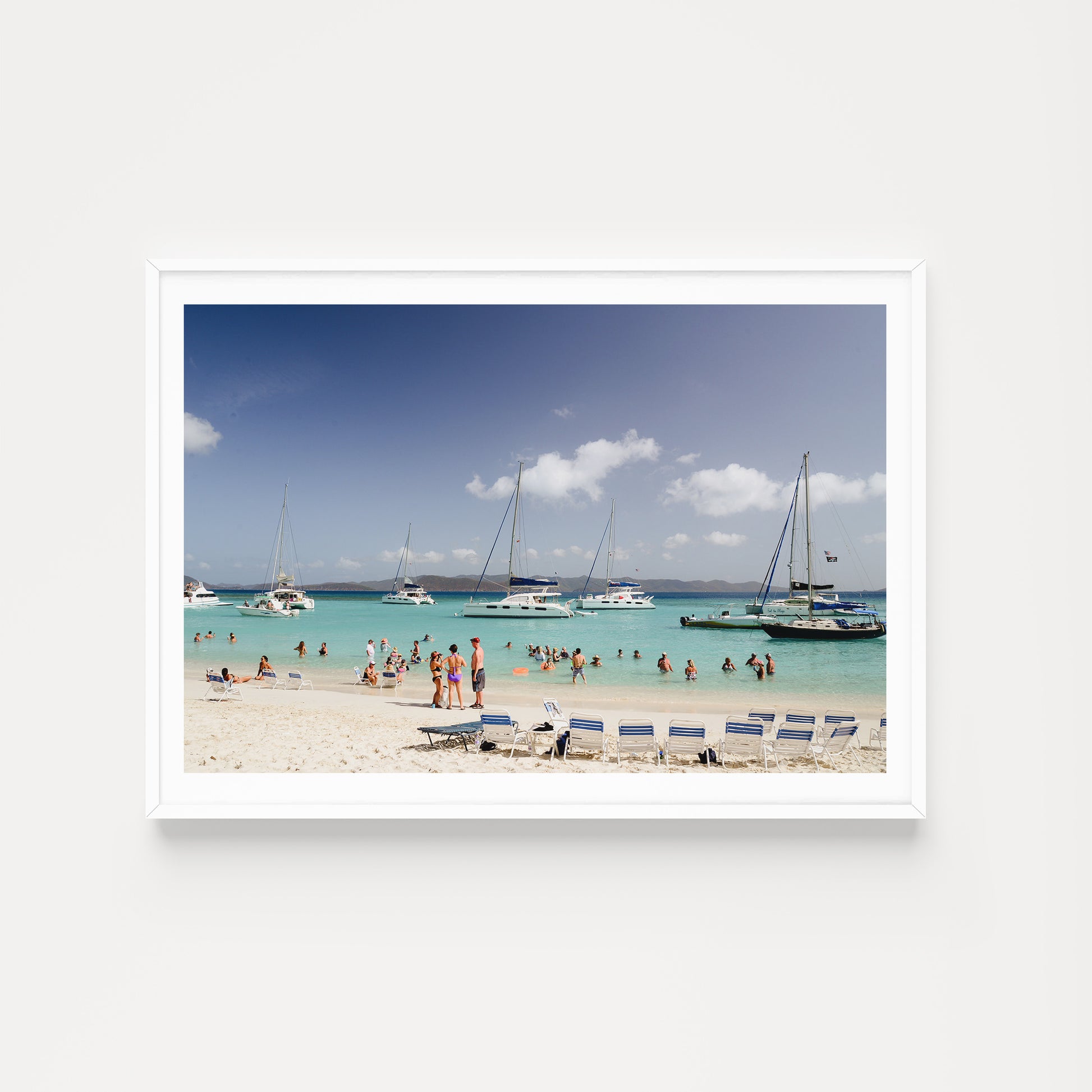 Beach scene with people, boats, and lounge chairs under a blue sky. JOST VAN DYKE, BRITISH VIRGIN ISLANDS, CARIBBEAN British Virgin Islands Wall Art Print Fine art travel prints are custom printed and framed to order.