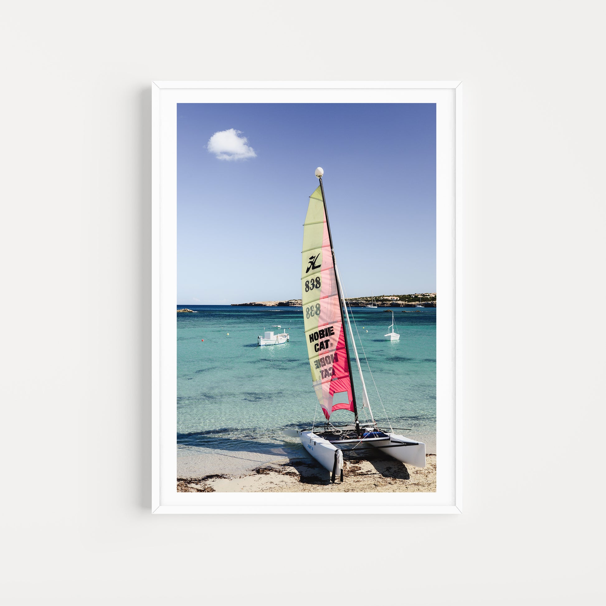 Hobby cat on the beach. Bring European Summer colour and energy into your home with Formentera Island scenes. Balearic Island Fine Art Prints. High-quality art prints, made to order.