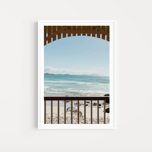 Framed photograph of a beach view with ocean and sky. Australia Coastal Fine Art Photography Prints are custom printed and framed to order on the Gold Coast, Australia. Bring the beach life feeling into your home. 