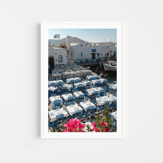 Greece Fine Art Prints of an outdoor taverna on Naoussa boat harbour on the island of Paros. Portrait orientation. By Brooke Darling Photography.