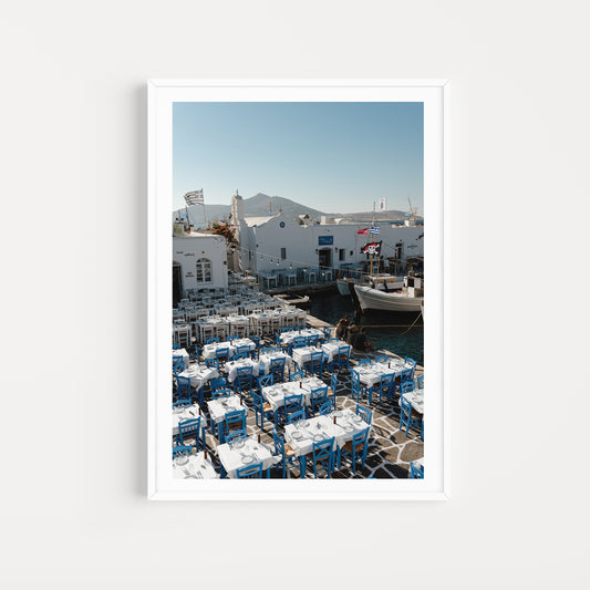 Greek wall art prints featuring the popular boat harbour of Naoussa in Paros. Bring Greek Islands fine art into your home or special space.