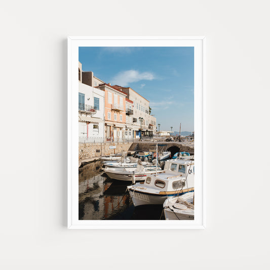 Greek Island fine art prints featuring the quaint boat harbour of Hydra. Purchase quality Greece wall art prints and bring vacation dreaming into your home. 