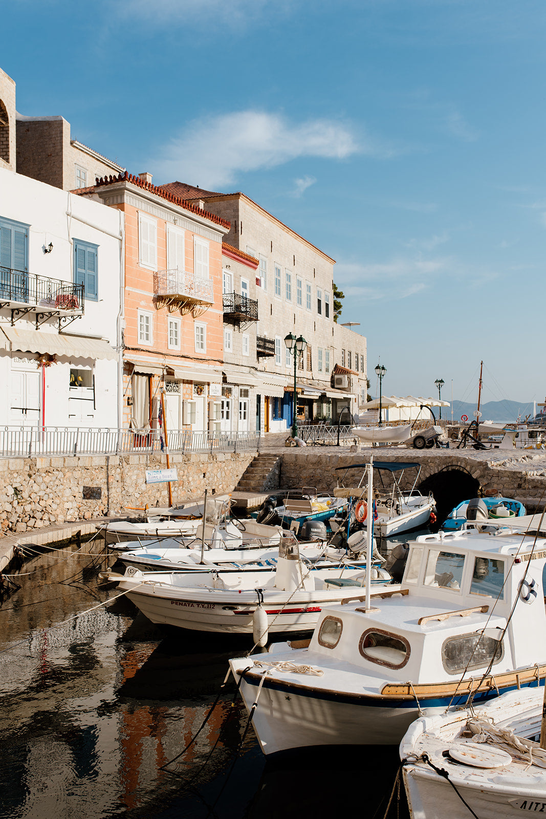 Greek Island fine art prints featuring the quaint boat harbour of Hydra. Purchase quality Greece wall art prints and bring vacation dreaming into your home. 