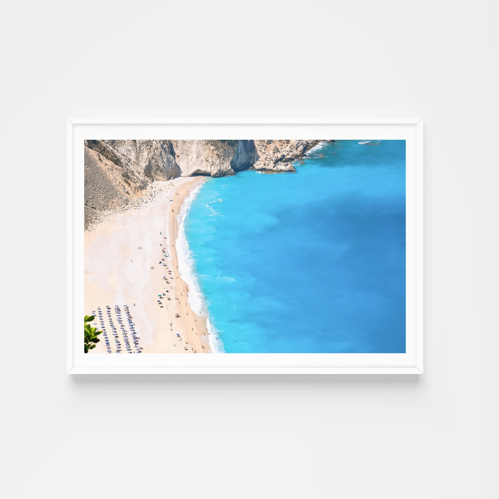 Landscape top down view of famous Myrtos Beach on the island of Kefalonia available as Greece fine art prints.