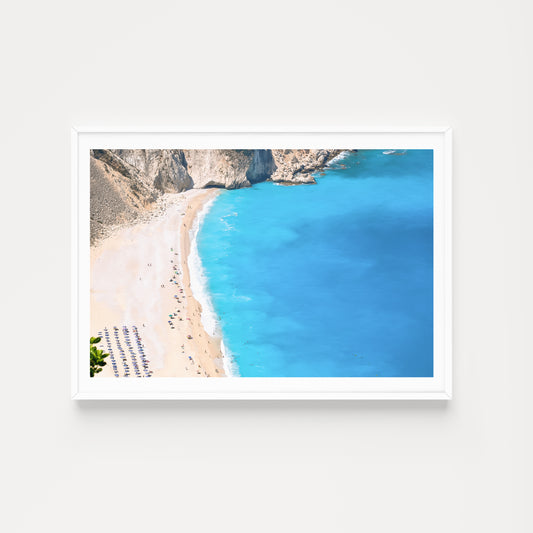 Landscape top down view of famous Myrtos Beach on the island of Kefalonia available as Greece fine art prints.