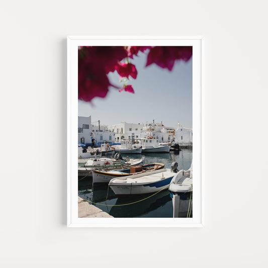 Portrait print of Greek Island fine art print featuring famous Naoussa boat harbour on the island of Paros. 