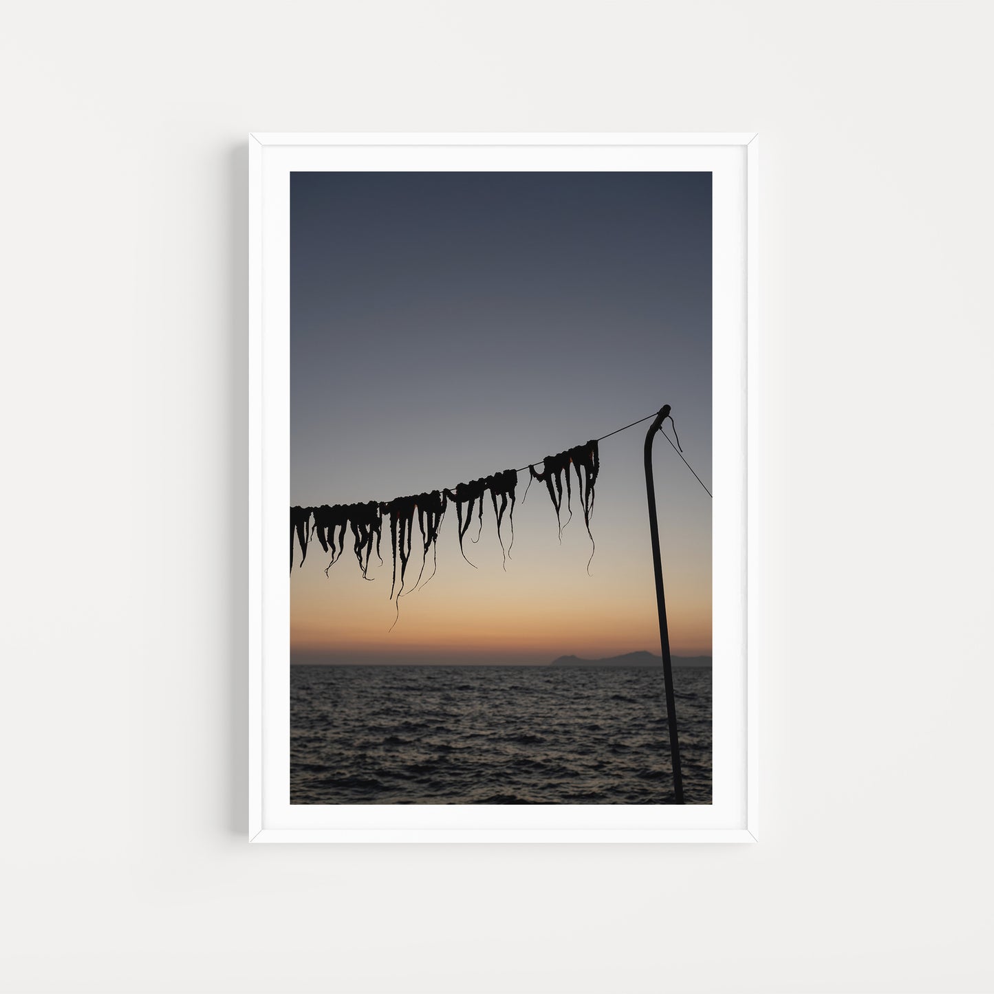 Bring the taste and senses of Greek food into your home with Greek food fine art prints to hang on your walls. Art prints of octopus legs drying at sunset. 