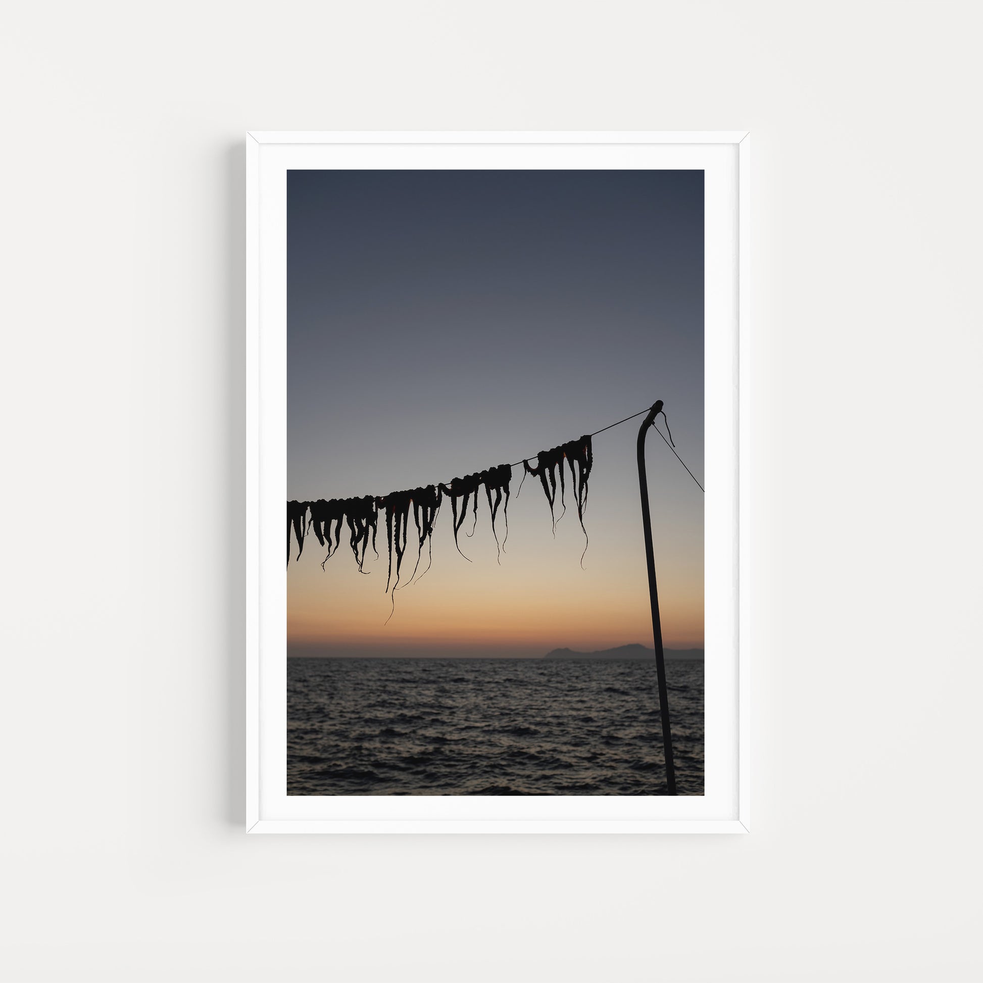 Bring the taste and senses of Greek food into your home with Greek food fine art prints to hang on your walls. Art prints of octopus legs drying at sunset. 