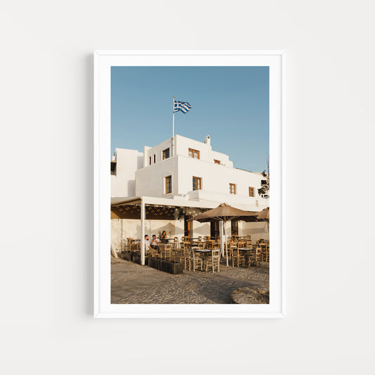 Naxos cafe at golden hour. Style your space with a diverse range of high-quality Greece fine art prints — exclusive from photographer Brooke Darling Studio. Greek Islands Art Prints. 