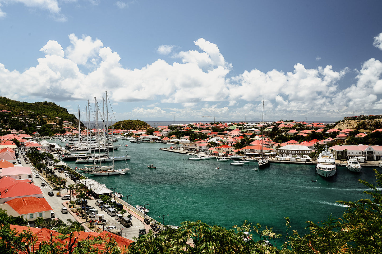 Fine art print of St Barts harbour in the Caribbean, with colourful rooftops and boats lined up. Saint Barths Island. Caribbean fine art prints.