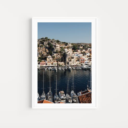 Symi Boat Harbour. Bring Greek Island fine art prints into your home or retreat and dream about life adrift on the Mediterranean Sea. Greek Island Fine Art Prints. 
