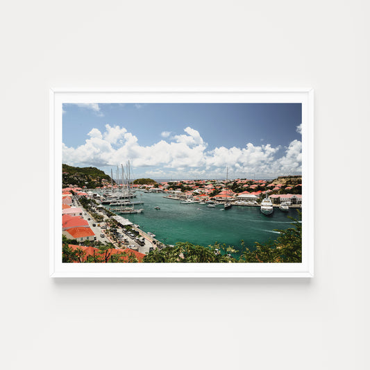 Framed fine art print of St Barts harbour in the Caribbean, with colourful rooftops and boats lined up. Saint Barths Island. Caribbean fine art prints.