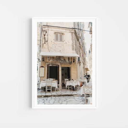 Framed photograph of a Taverna restaurant exterior with outdoor seating. CORFU OLD TOWN, IONIAN ISLANDS, GREECE. SHOP Greece Fine Art Photography Prints. With premium printing and framing, enjoy your investment for years to come.