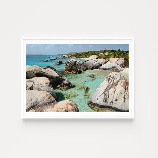 Rocks and clear turquoise water in a tropical setting. Bring scenes of the Caribbean into your home with British Virgin Islands Wall Art Print. Fine art travel prints are custom made to order. BVI Wall Art.