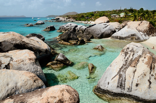 Rocks and clear turquoise water in a tropical setting. Bring scenes of the Caribbean into your home with British Virgin Islands Wall Art Print. Fine art travel prints are custom made to order. BVI Wall Art.