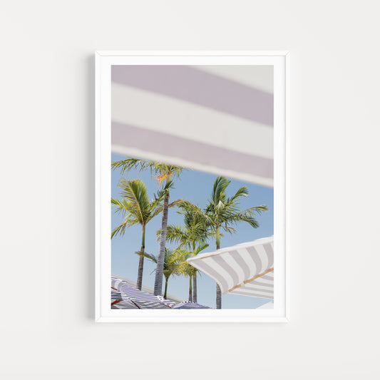 Framed artwork of a tropical scene with palm trees and striped umbrellas. SHOP our collection of palm trees and umbrella fine art prints. Bring the holiday atmosphere into your home. Umbrella and palm tree art prints. 